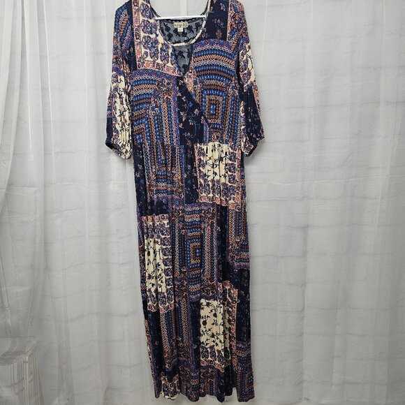 One World Dress Blue Peasant Hippie Patchwork Maxi Floral Boho 1X - Picture 6 of 10